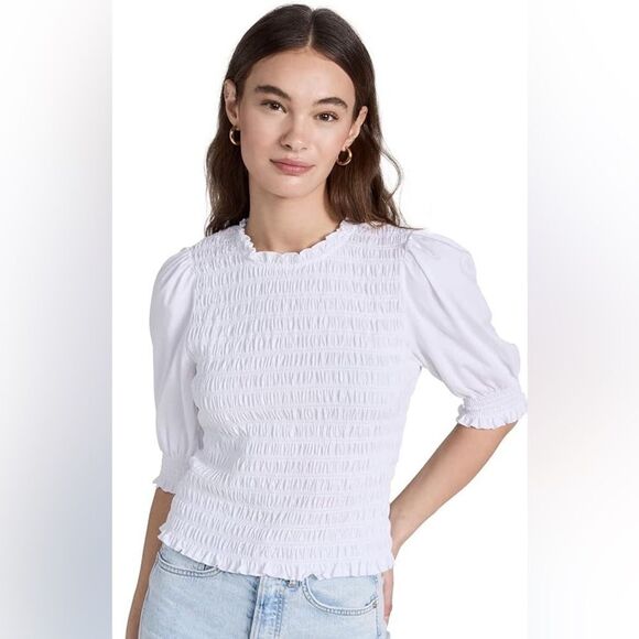 & Other Stories Tops - PARIS ATELIER & Other Stories White Smocked Puff Sleeve Ruffle Hem Cotton ~Small